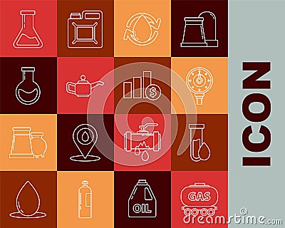 Set line Gas railway cistern, Oil petrol test tube, Motor gas gauge, drop, Canister for motor machine oil, Test and Stock Photo