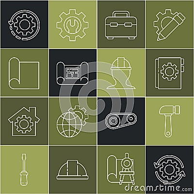 Set line Gear and arrows as workflow, Hammer, User manual, Toolbox, House plan, Graphing paper for engineering, and Stock Photo