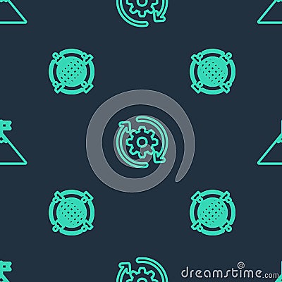 Set line Gear and arrows as workflow, Outsourcing concept and Mountains flag on seamless pattern. Vector Vector Illustration