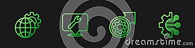 Set line Gear and arrows as workflow process, Globe of the Earth gear, Location with wrench spanner and Algorithm Vector Illustration