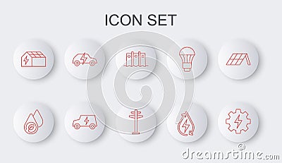 Set line Gear and lightning, Water energy, Hydroelectric dam, Solar panel, Electric car, and tower icon. Vector Vector Illustration