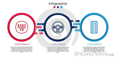 Set line Gear shifter, Steering wheel and Car tire. Business infographic template. Vector Stock Photo