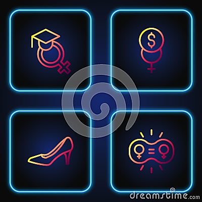 Set line Gender equality, Woman shoe, Teacher and Feminism finance. Gradient color icons. Vector Stock Photo