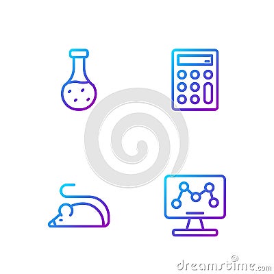 Set line Genetic engineering, Experimental mouse, Test tube and Calculator. Gradient color icons. Vector Vector Illustration