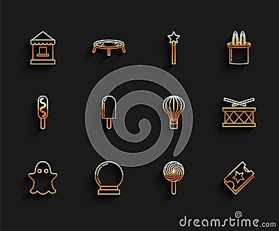 Set line Ghost, Magic ball, Ticket box office, Lollipop, Ice cream, Drum with drum sticks and Hot air balloon icon Vector Illustration