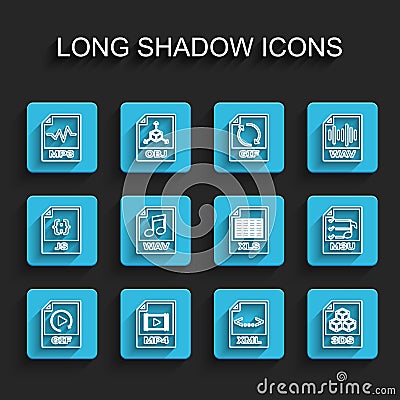Set line GIF file document, MP4, MP3, XML, 3DS, WAV, M3U and XLS icon. Vector Stock Photo