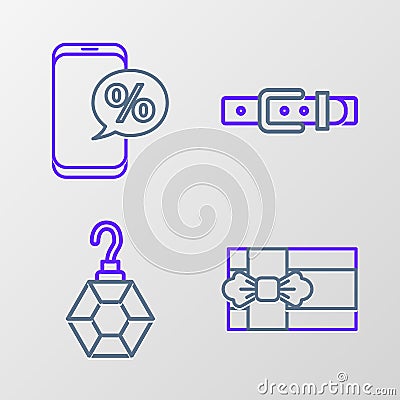 Set line Gift box, Earring, Leather belt and Percent discount and phone icon. Vector Vector Illustration