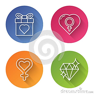 Set line Gift box and heart, Female gender in heart, Female gender symbol and Diamond. Color circle button. Vector Vector Illustration