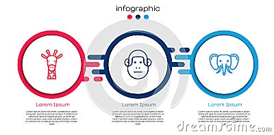 Set line Giraffe head, Monkey and Elephant. Business infographic template. Vector Vector Illustration