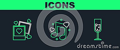 Set line Glass of champagne, Two blanks photo frames and hearts and Music note, tone with icon. Vector Stock Photo