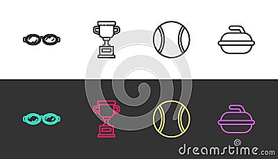 Set line Glasses for swimming, Award cup, Tennis ball and Stone curling sport game on black and white. Vector Vector Illustration