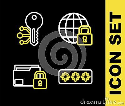 Set line Global lockdown, Password protection, Folder and and Cryptocurrency key icon. Vector Stock Photo