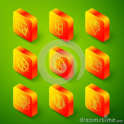 Set line Globe Bitcoin, Blockchain technology, Sales funnel with bitcoin, clock, browser, Video graphic card and CPU Stock Photo