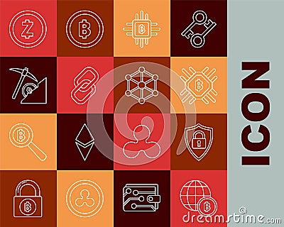 Set line Globe and cryptocurrency coin Bitcoin, Shield security with lock, CPU mining farm, Chain link, Cryptocurrency Vector Illustration