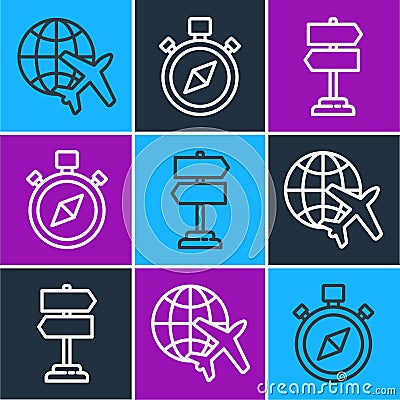 Set line Globe with flying plane, Road traffic sign and Compass icon. Vector Vector Illustration