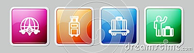 Set line Globe with flying plane, Suitcase, Conveyor belt suitcase and Tourist. Colorful square button. Vector Stock Photo