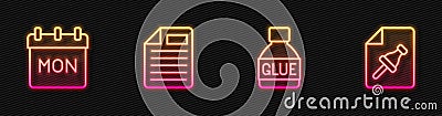 Set line Glue, Calendar, File document and Note paper with push button. Glowing neon icon. Vector Vector Illustration
