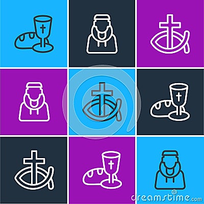 Set line Goblet and bread, Christian fish and Monk icon. Vector Vector Illustration