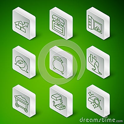 Set line Gold bars, exchange money, Growth arrow with gold, Molten being poured, Antique treasure chest, Mine cart and Vector Illustration