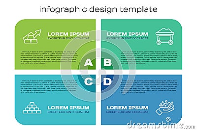 Set line Gold bars, Growth arrow with gold, mine and Mine cart. Business infographic template. Vector Stock Photo