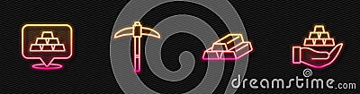 Set line Gold bars, Pickaxe and in hand. Glowing neon icon. Vector Vector Illustration