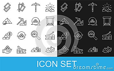 Set line Gold nugget, Growth arrow with gold bars, mine, Pickaxe, mining, and icon. Vector Vector Illustration