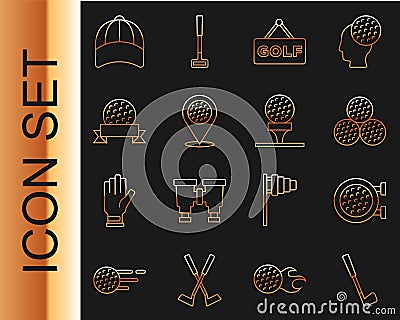 Set line Golf club, sport, ball, label, Location golf, Baseball cap and tee icon. Vector Vector Illustration