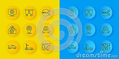 Set line Golf shoe, ball in water, Location golf sport club, course layout, label, and Binoculars icon. Vector Vector Illustration