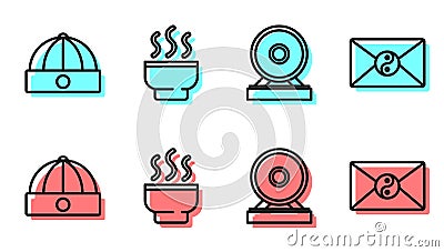 Set line Gong, Chinese hat, Chinese tea ceremony and Yin Yang and envelope icon. Vector Vector Illustration