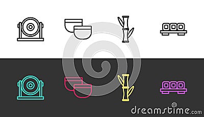 Set line Gong, Chinese tea ceremony, Bamboo and Sushi cutting board on black and white. Vector Vector Illustration