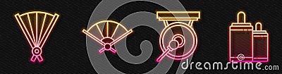 Set line Gong, Paper chinese folding fan, Paper chinese folding fan and Firework. Glowing neon icon. Vector Vector Illustration