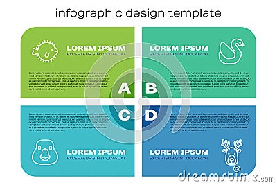 Set line Goose bird, Puffer fish, Deer head with antlers and Swan. Business infographic template. Vector Stock Photo