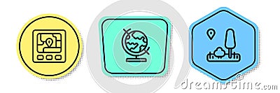 Set line Gps device with map, Earth globe and City navigation. Colored shapes. Vector Stock Photo