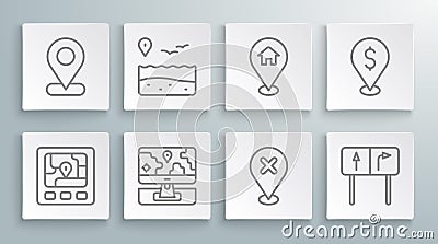 Set line Gps device with map, Location beach, Monitor location marker, cross, Road traffic sign, house, Cash and icon Vector Illustration