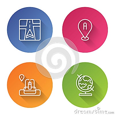 Set line Gps device with map, Location, fountain and Earth globe. Color circle button. Vector Vector Illustration