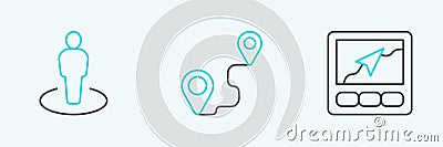 Set line Gps device with map, Location person and Route location icon. Vector Stock Photo