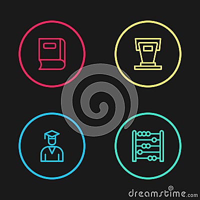 Set line Graduate and graduation cap, Abacus, Stage stand and Book icon. Vector Vector Illustration