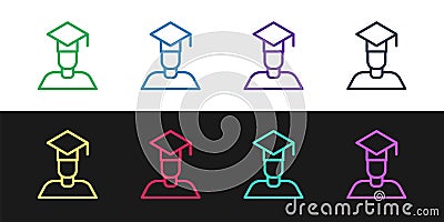 Set line Graduate and graduation cap icon isolated on black and white background. Vector Vector Illustration