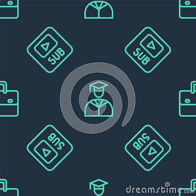 Set line Graduate and graduation cap, Video with subtitles and Briefcase on seamless pattern. Vector Stock Photo