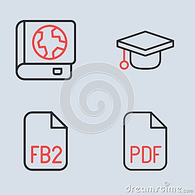 Set line Graduation cap, FB2 File, PDF file document and Earth globe and book icon. Vector Vector Illustration