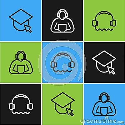 Set line Graduation cap on globe, Headphones and Student icon. Vector Vector Illustration