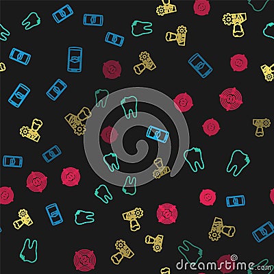 Set line Graduation cap on mobile, Broken tooth, Profile settings and Target with dollar on seamless pattern. Vector Vector Illustration