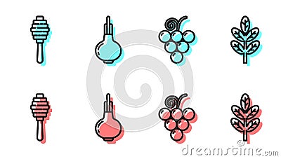 Set line Grape fruit, Honey dipper stick, Onion and Leaf or leaves icon. Vector Vector Illustration