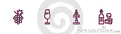 Set line Grape fruit, Street light, Wine glass and bottle with cheese icon. Vector Vector Illustration