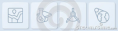 Set line Graph chart infographic, Drawing compass, Graduation cap and Earth globe. White square button. Vector Stock Photo