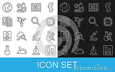 Set line Graph chart infographic, Test tube, Processor CPU, Graphing paper for engineering, Plant breeding, Calculator Vector Illustration