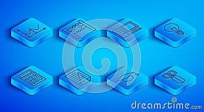 Set line Graph, schedule, chart, diagram, Abacus, Computer monitor, Exam paper with incorrect answers, Graduation cap Stock Photo