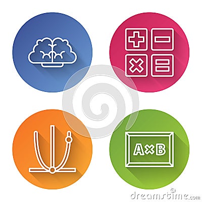 Set line Graph, schedule, chart, diagram, Feather and inkwell, Ringing bell and Calculation. Color circle button. Vector Stock Photo