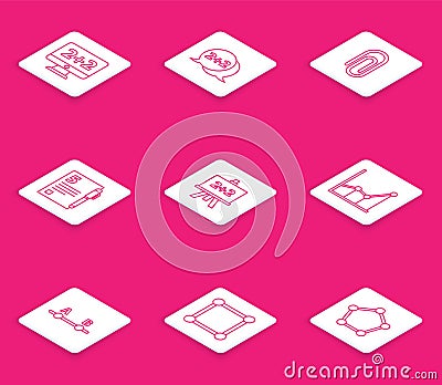 Set line Graph, schedule, chart, diagram, Geometric figure Cone, Book with word mathematics, Open book, Calculator Vector Illustration