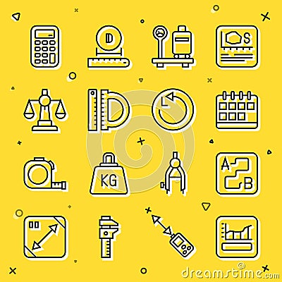 Set line Graph, schedule, chart, diagram, Route location, Calendar, Scale with suitcase, Protractor and ruler, Scales of Vector Illustration